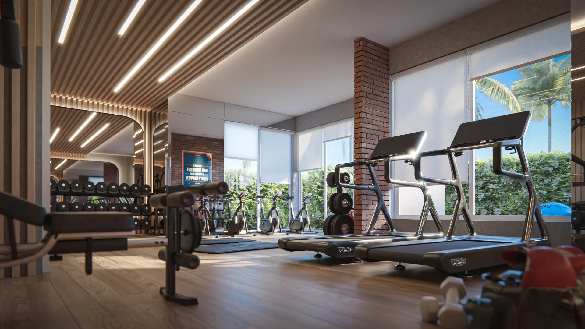Renderização 3D de academia com esteiras, equipamentos de musculação e iluminação em ripas de madeira