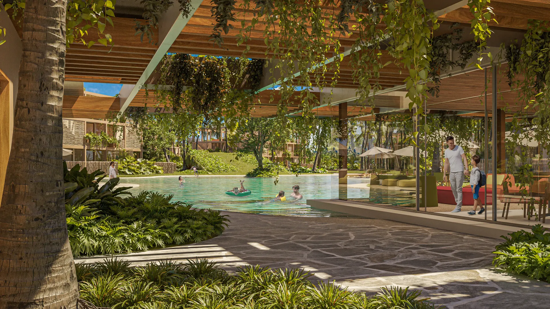 Renderização 3D de área de lazer com piscina, pergolado de madeira e vegetação tropical