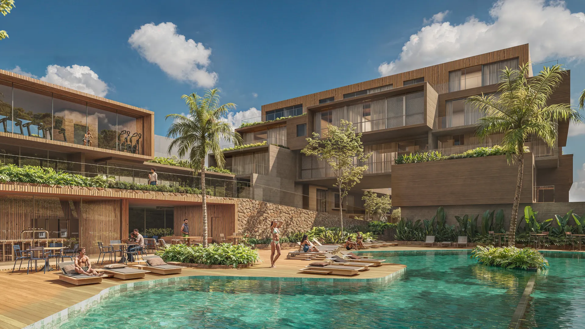 Renderização 3D de área de lazer de condomínio com piscina, palmeiras e edifícios residenciais ao fundo