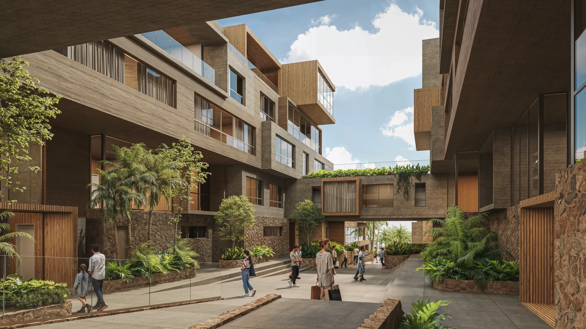 Renderização 3D de passagem coberta entre blocos residenciais com pátio interno e jardins