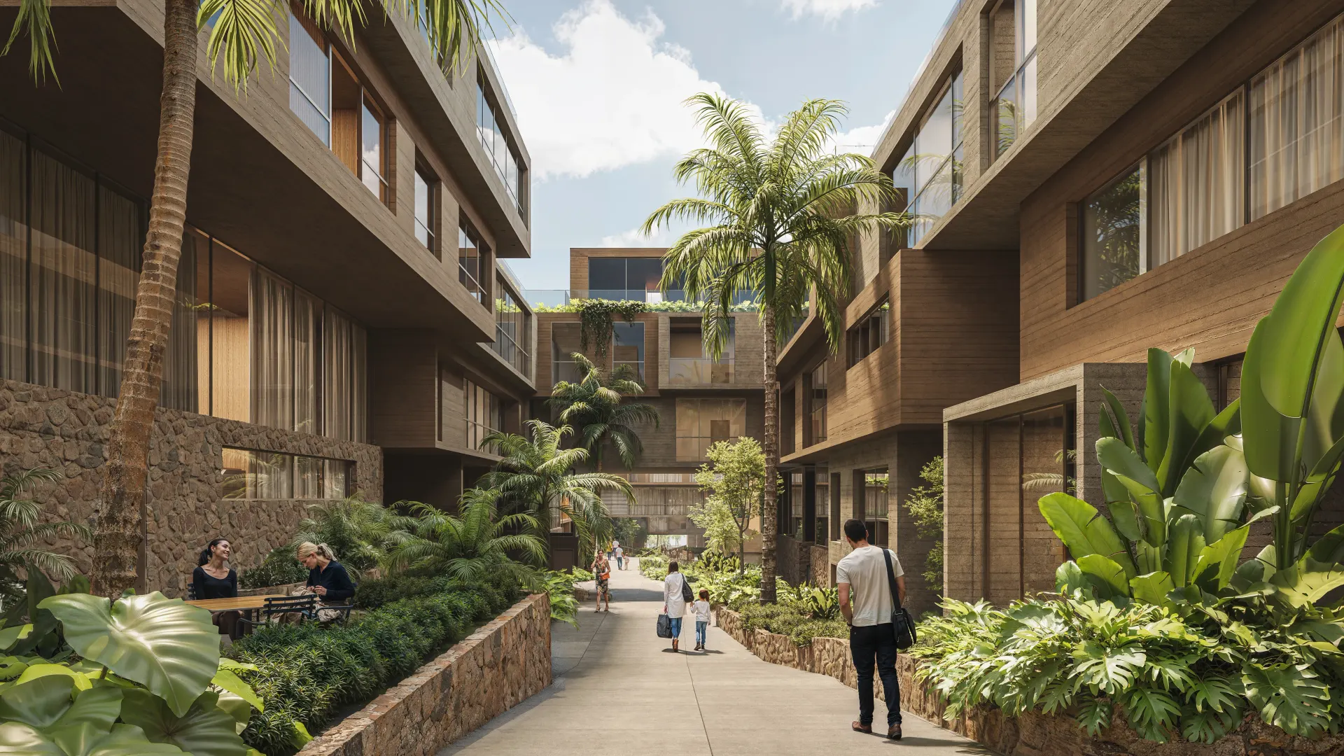Renderização 3D de área comum com piscina, deck de madeira e edifícios residenciais ao redor