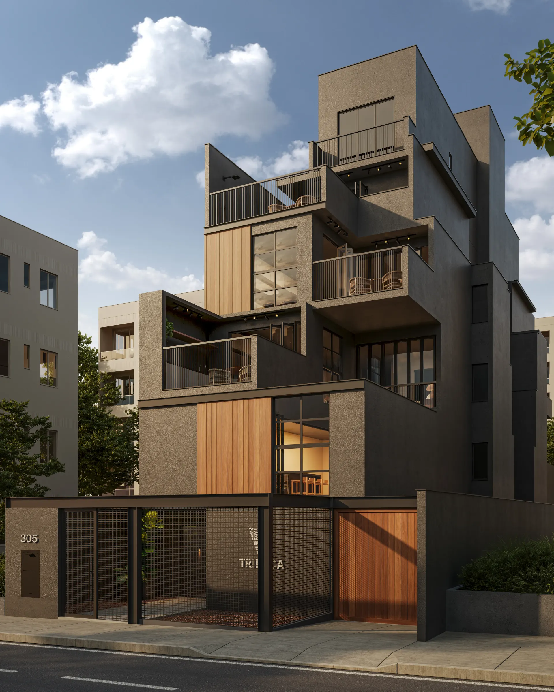 Renderização 3D de fachada residencial assimétrica em tons escuros com revestimento em madeira e letreiro de identificação