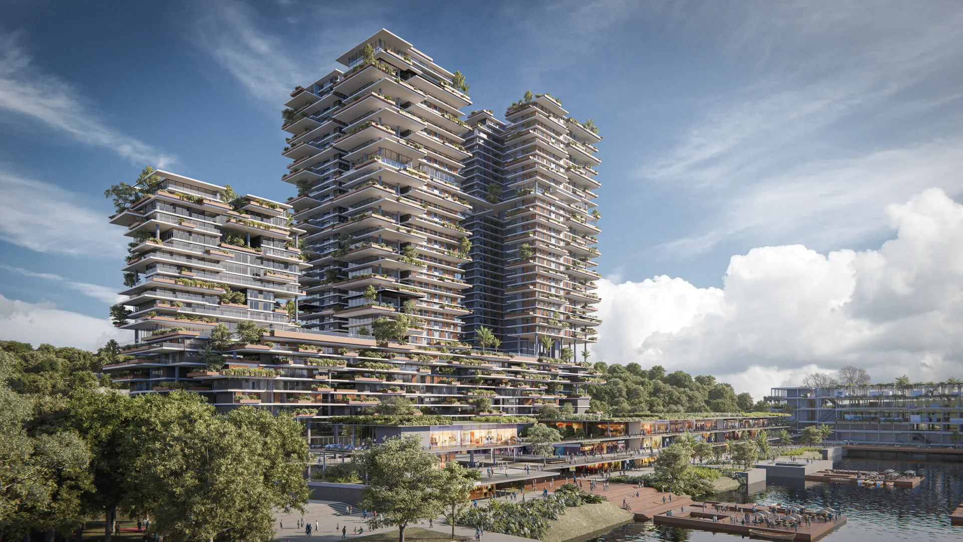 Renderização 3D de fachada de edifício residencial com terraços verdes e jardins suspensos, vista externa diurna