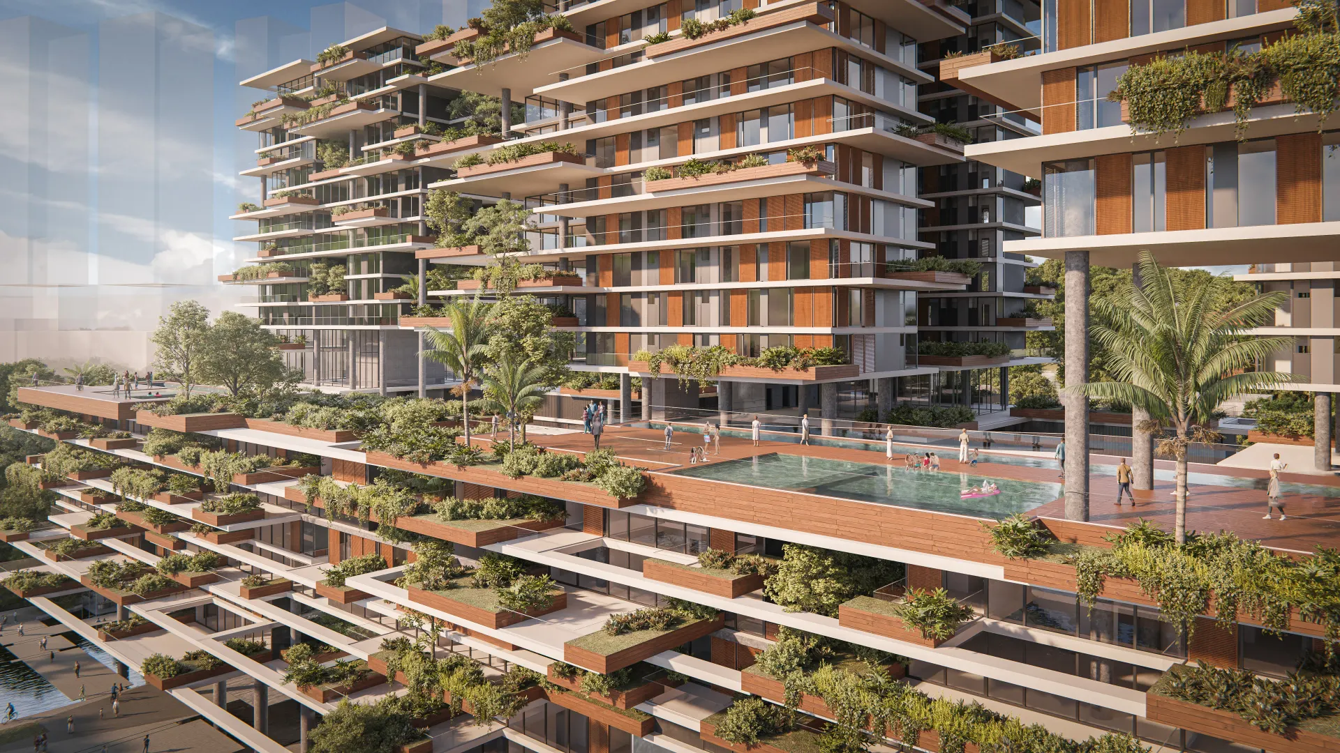 Renderização 3D de empreendimento residencial multifamiliar com piscina no terraço e jardins suspensos