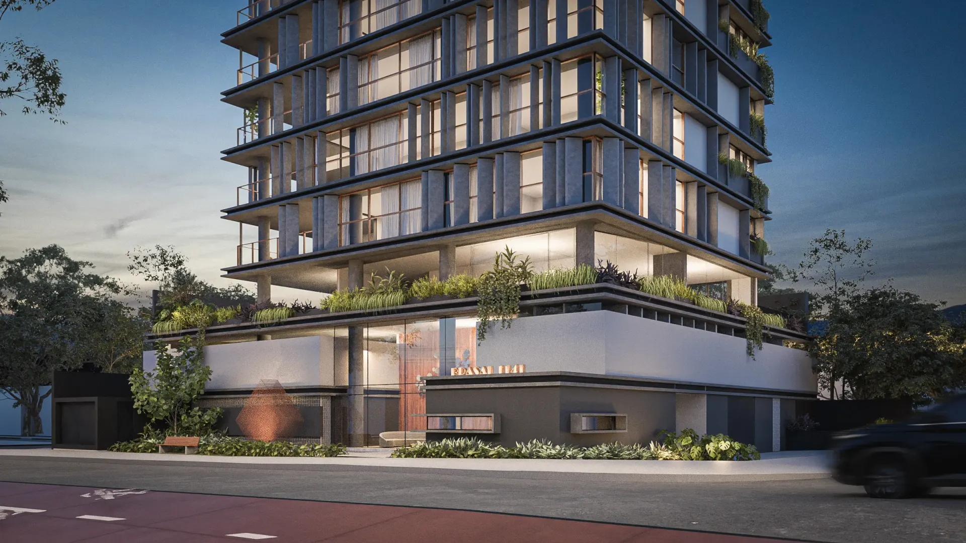 Renderização 3D noturna de fachada de prédio residencial com varandas iluminadas e jardins verticais