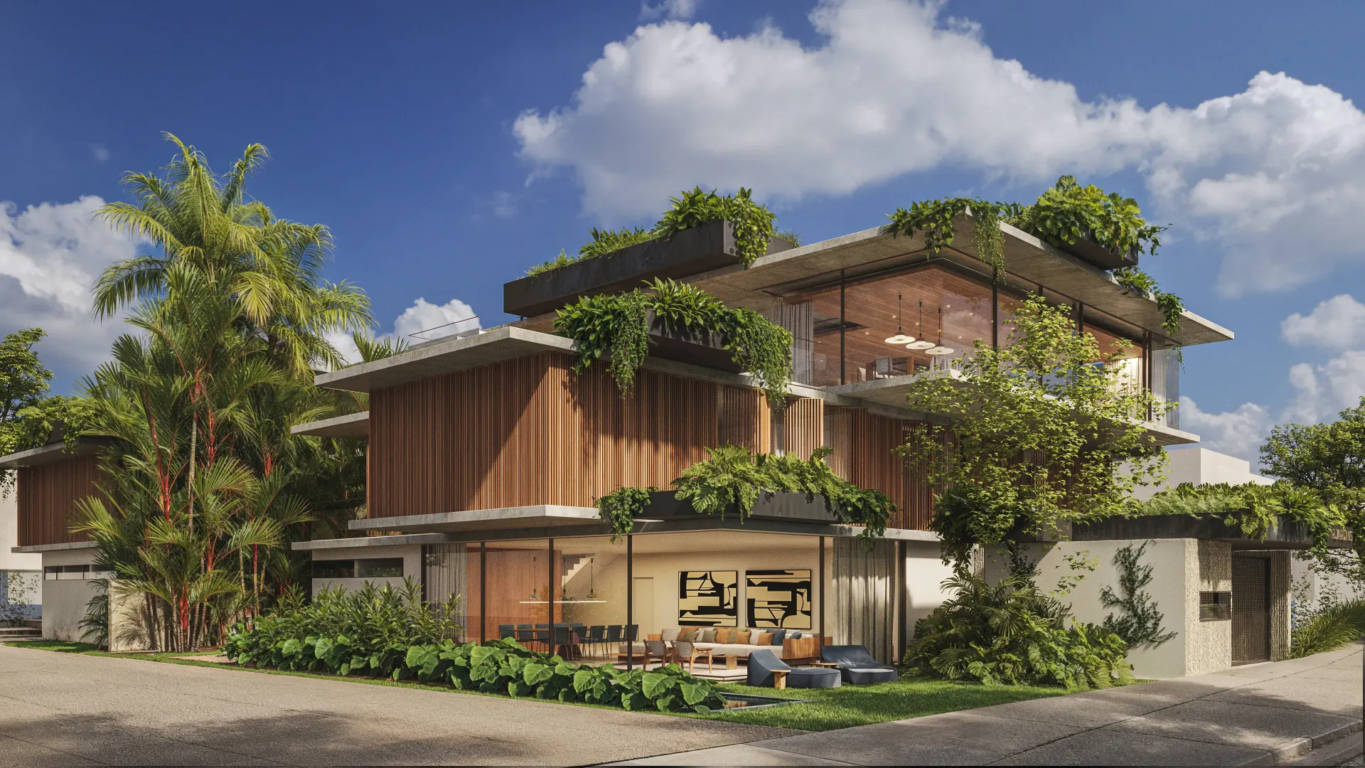 Renderização 3D de fachada residencial com palmeiras, revestimento em madeira e jardins suspensos