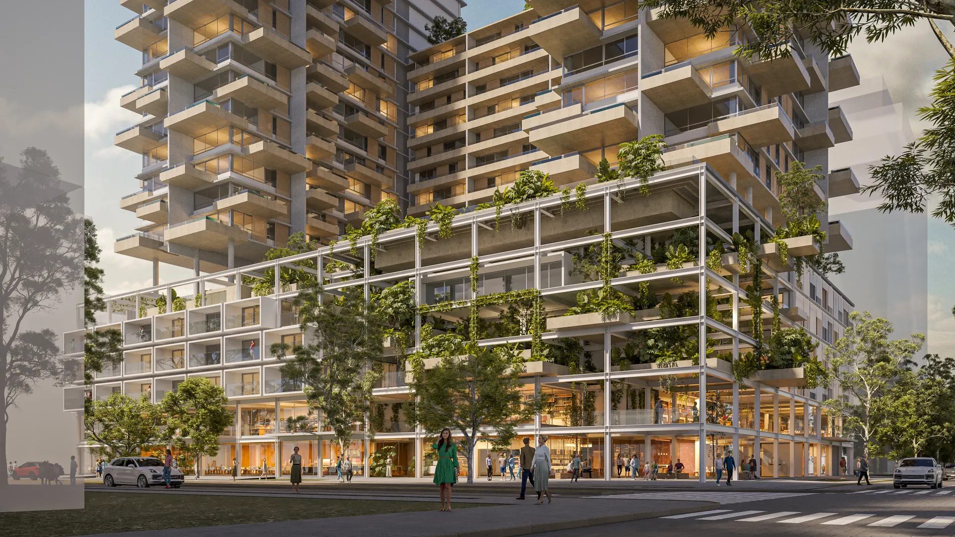 Renderização 3D de fachada de edifício residencial com pilotis vazado e jardins verticais ao entardecer