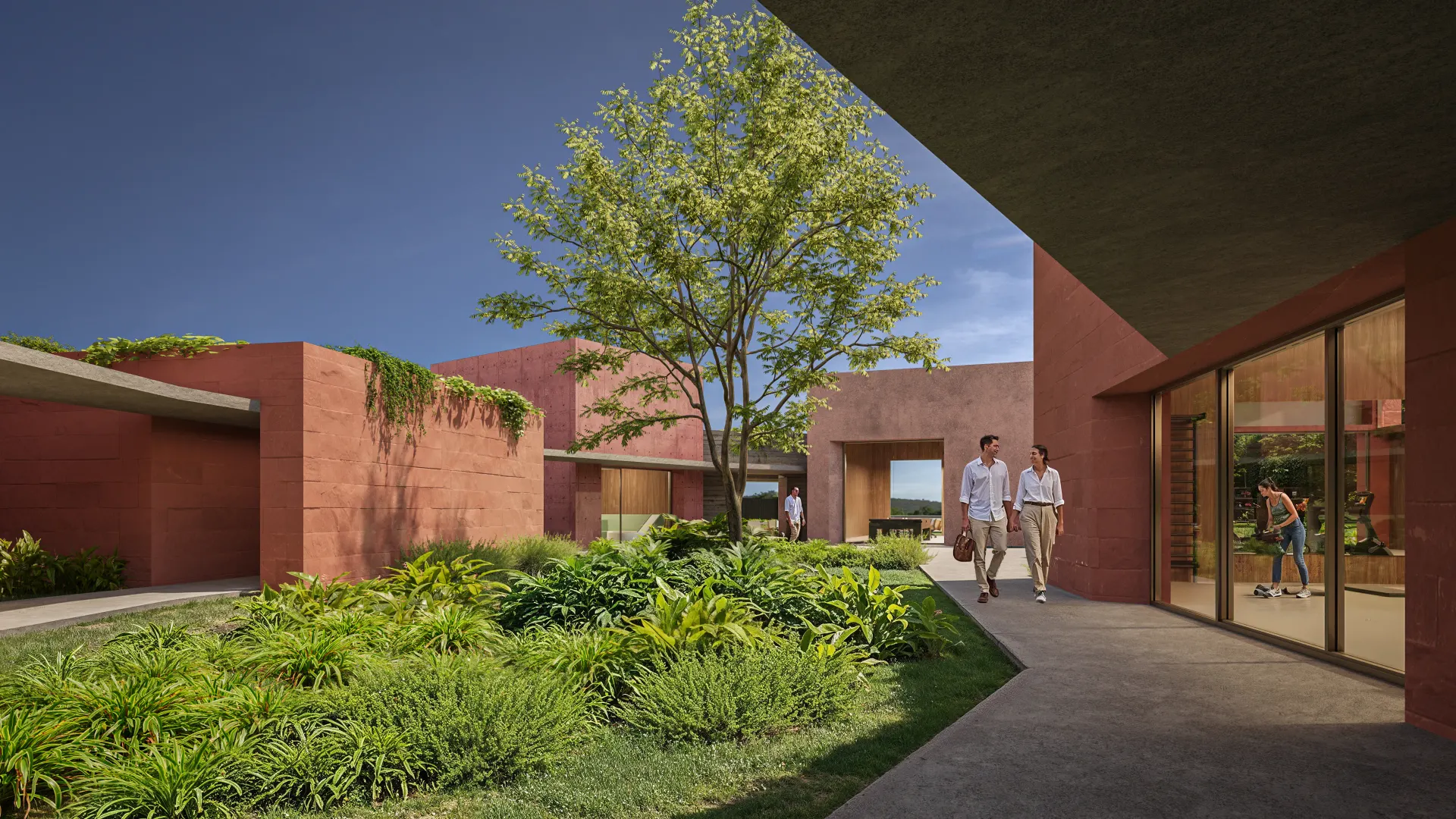 Renderização 3D de passarela externa entre volumes em tons terracota com jardinagem paisagística