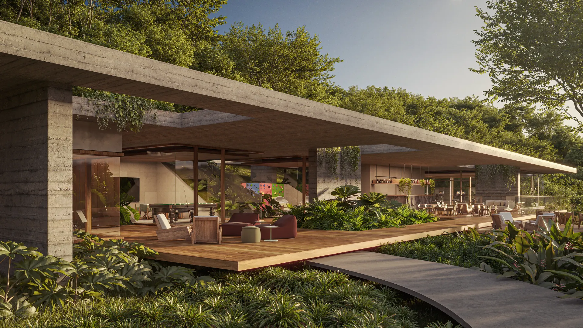 Renderização 3D de clube com cobertura em brise de madeira, deck e área de estar integrada ao jardim