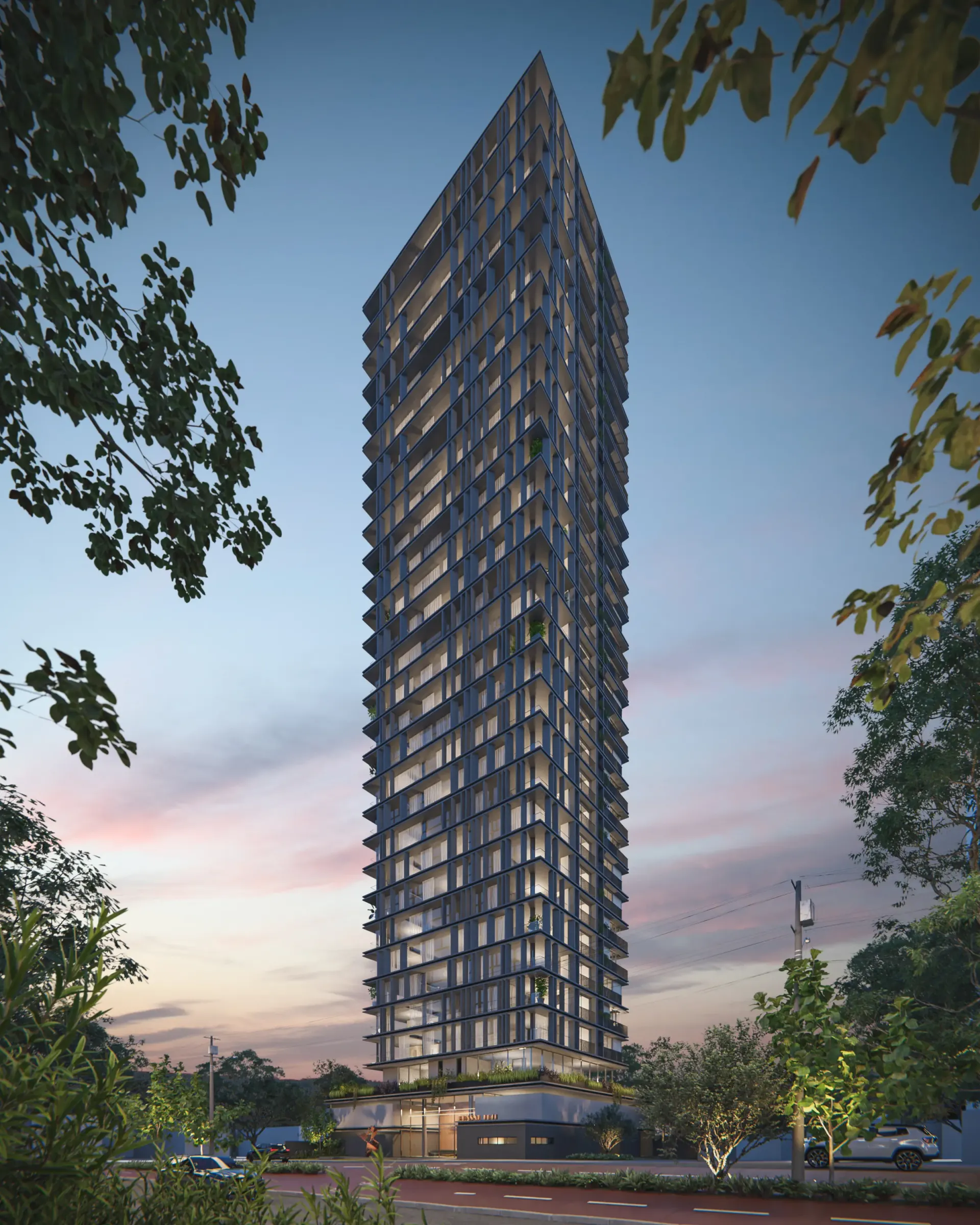 Renderização 3D de torre residencial estreita ao entardecer, vista emoldurada por árvores