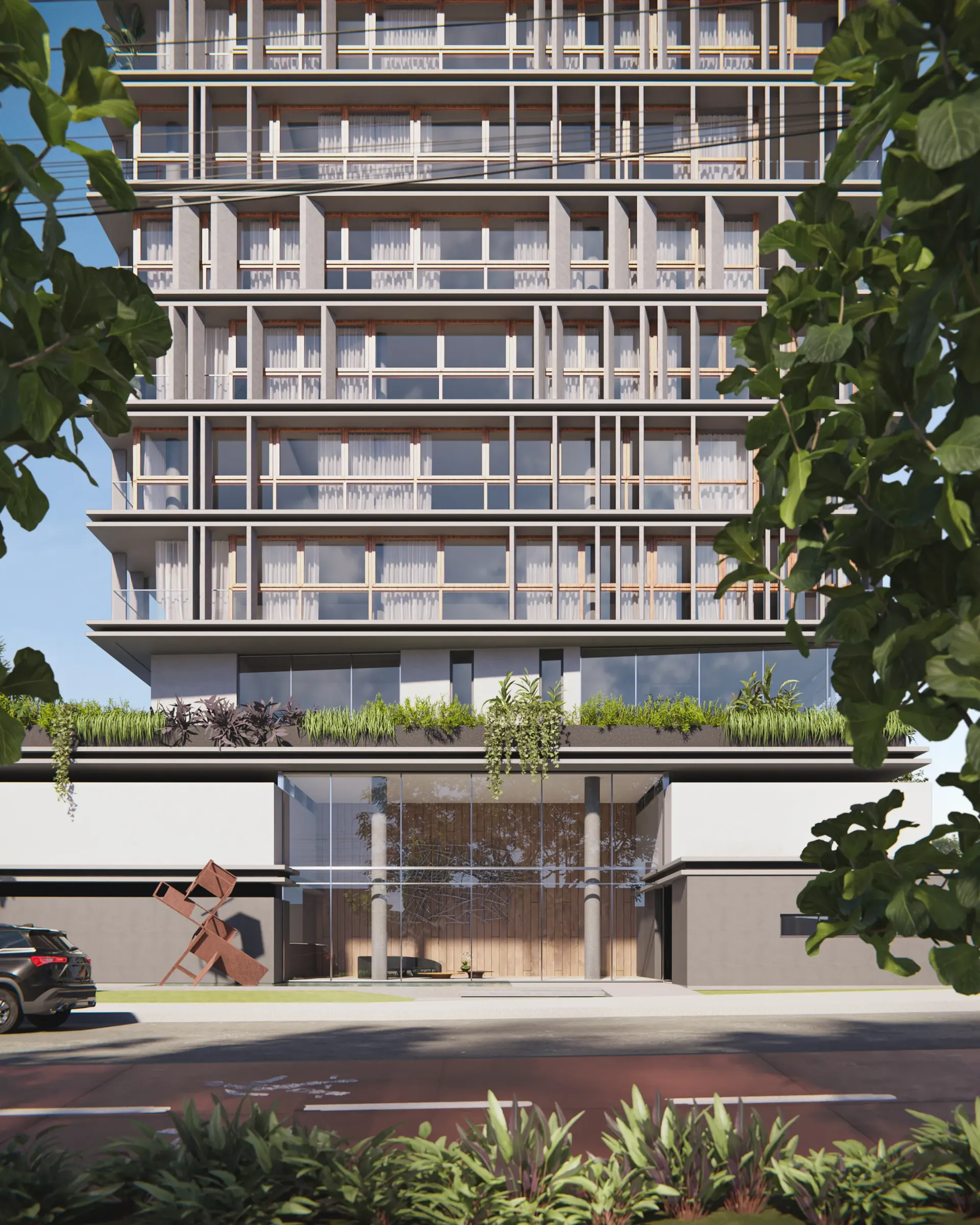 Renderização 3D de fachada residencial com varandas estruturadas em concreto e vegetação entre as árvores