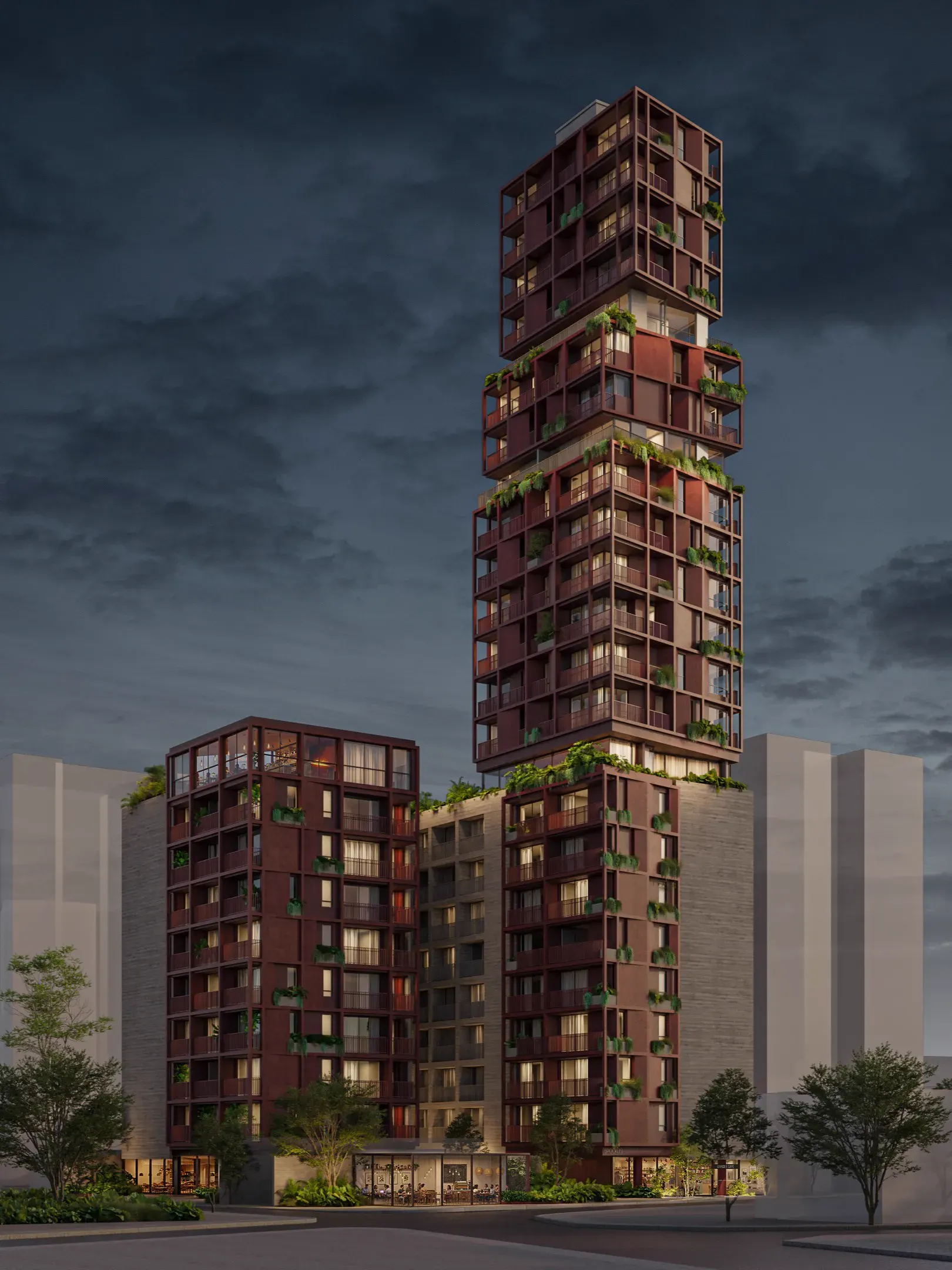Renderização 3D noturna de torres residenciais em tijolo aparente com varandas e jardins suspensos