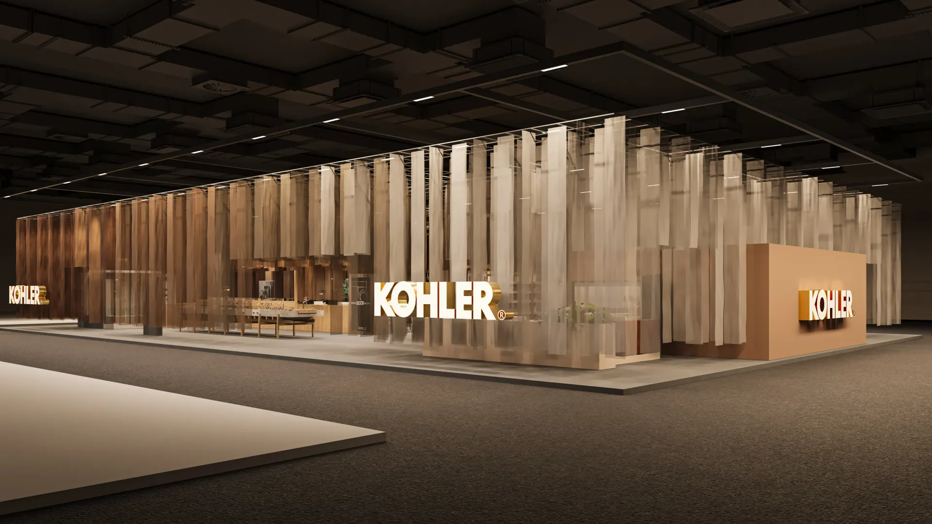 Renderização 3D de stand comercial Kohler com painéis de tecido suspensos e iluminação cênica em evento