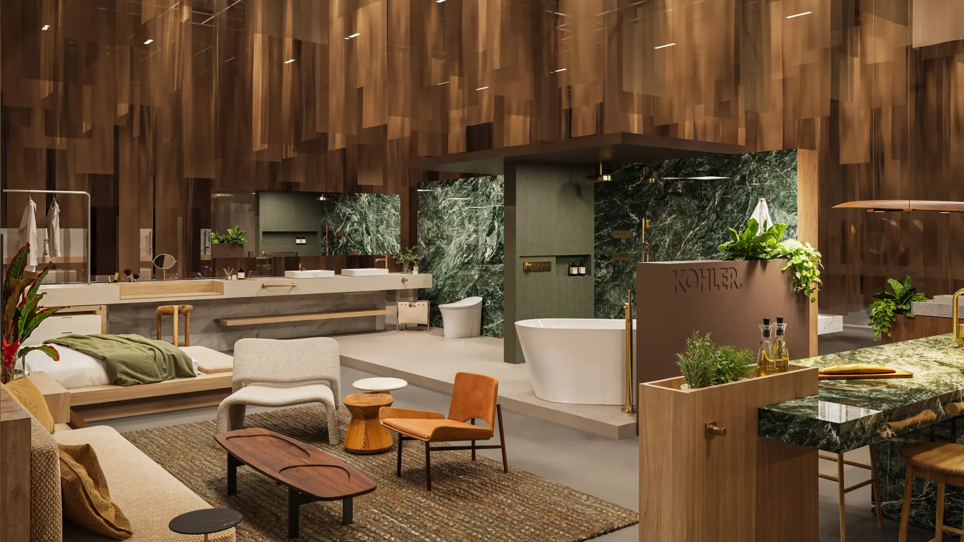 Renderização 3D de banheiro de showroom com revestimento em mármore verde, banheira de imersão e mobiliário em madeira