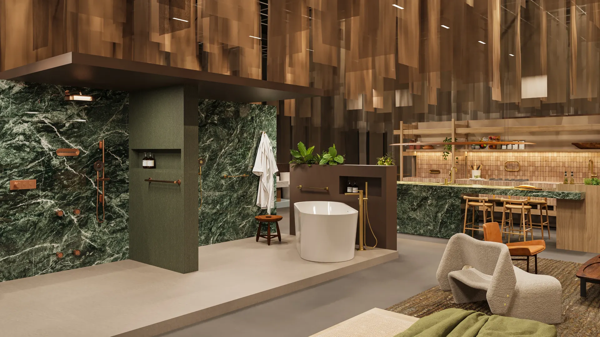 Renderização 3D de área de banho e cozinha em showroom com mármore verde e bancada gourmet integrada