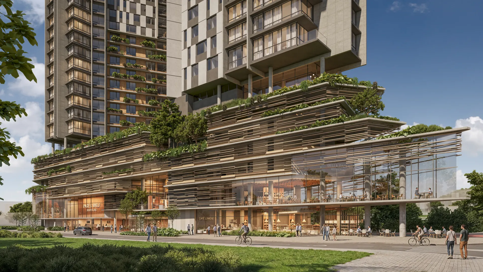 Renderização 3D de empreendimento misto com terraços ajardinados, fachada em ripas de madeira e praça térrea movimentada
