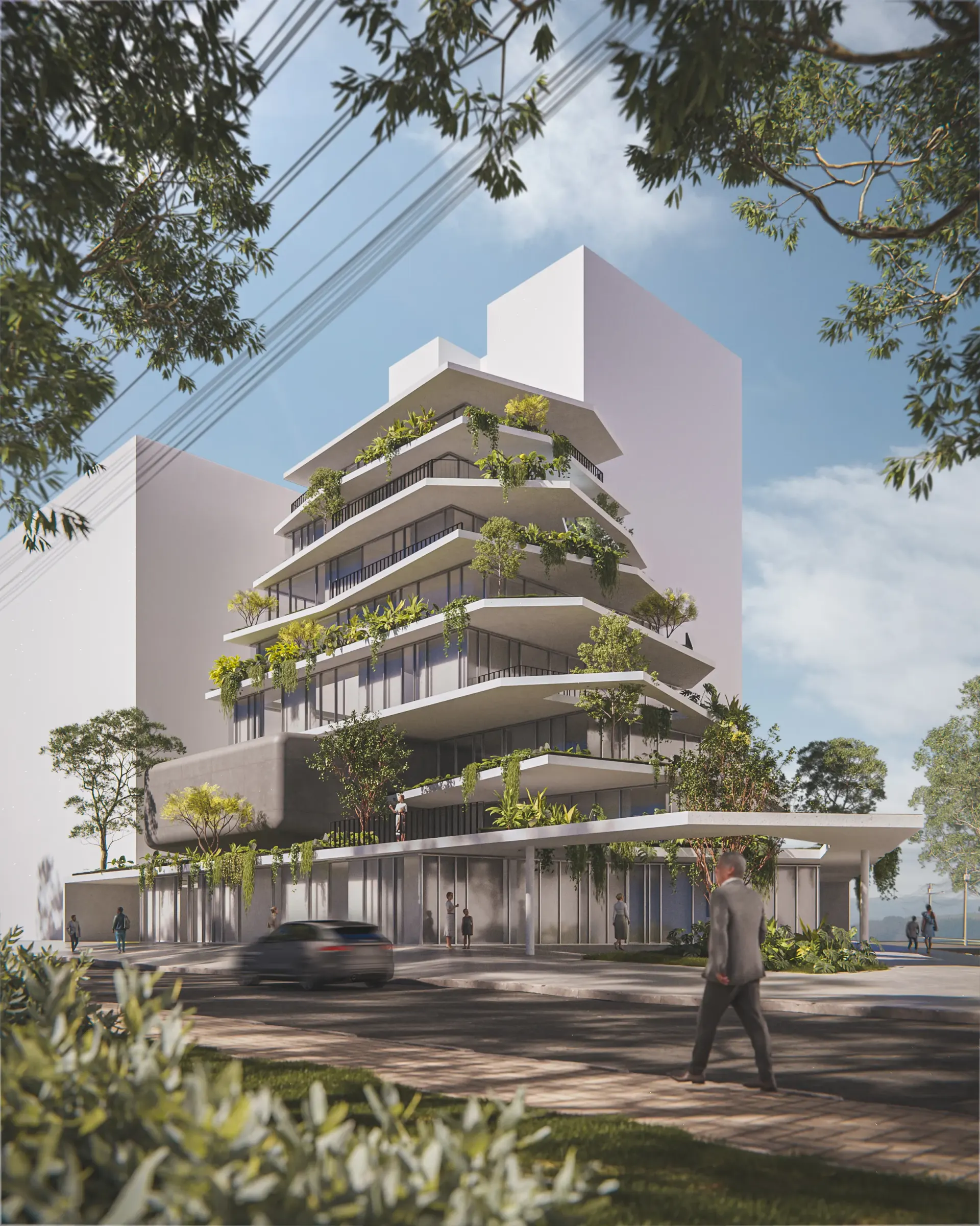 Renderização 3D de edifício residencial branco com varandas escalonadas e jardineiras, visto sob árvores