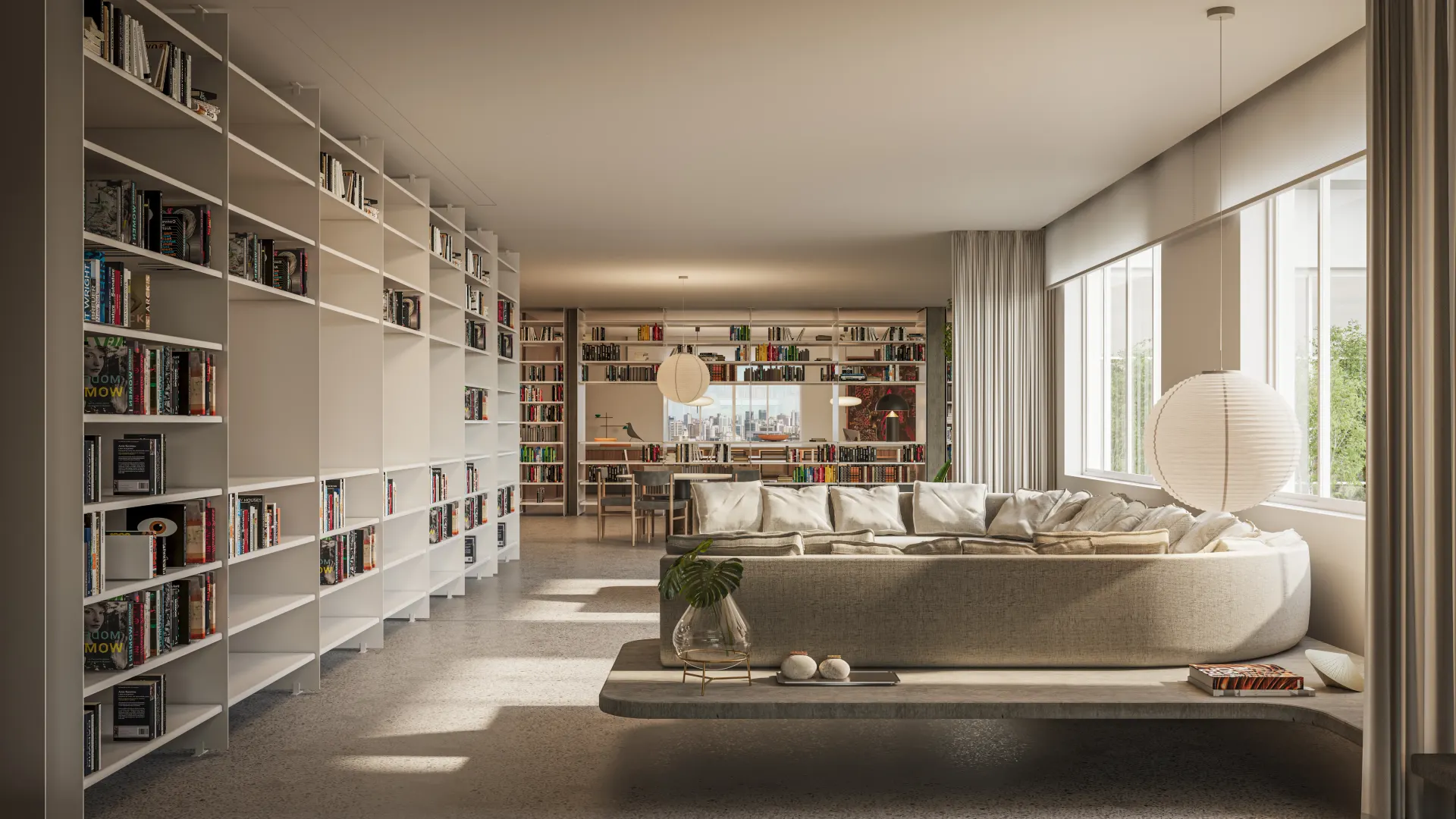 Renderização 3D de biblioteca residencial com estantes de livros do piso ao teto e sofá curvo integrado