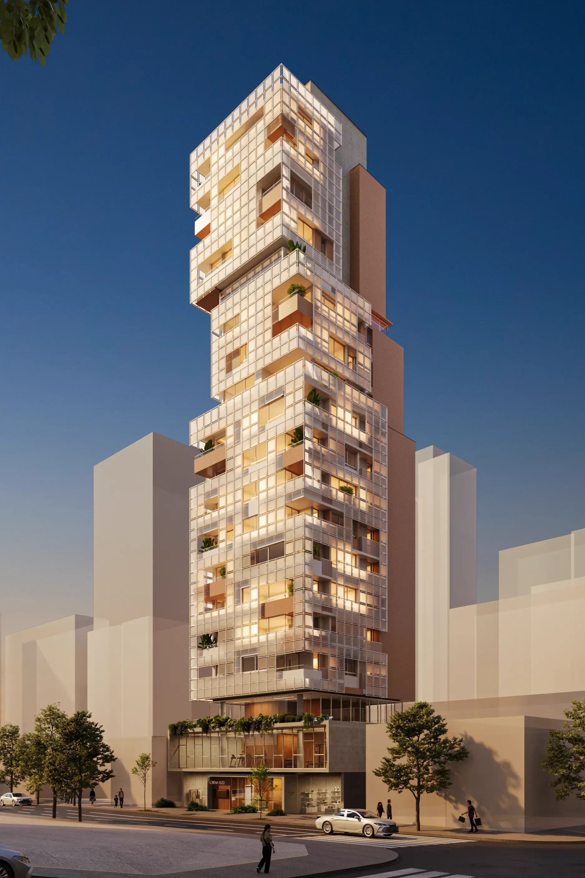 Renderização 3D de torre residencial com volumetria escalonada e fachada iluminada ao entardecer