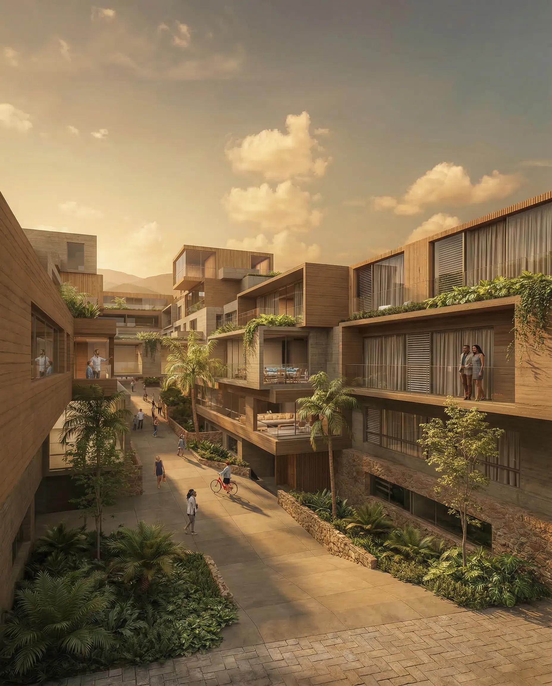 Renderização 3D de condomínio horizontal com ruas internas arborizadas e moradores circulando ao entardecer