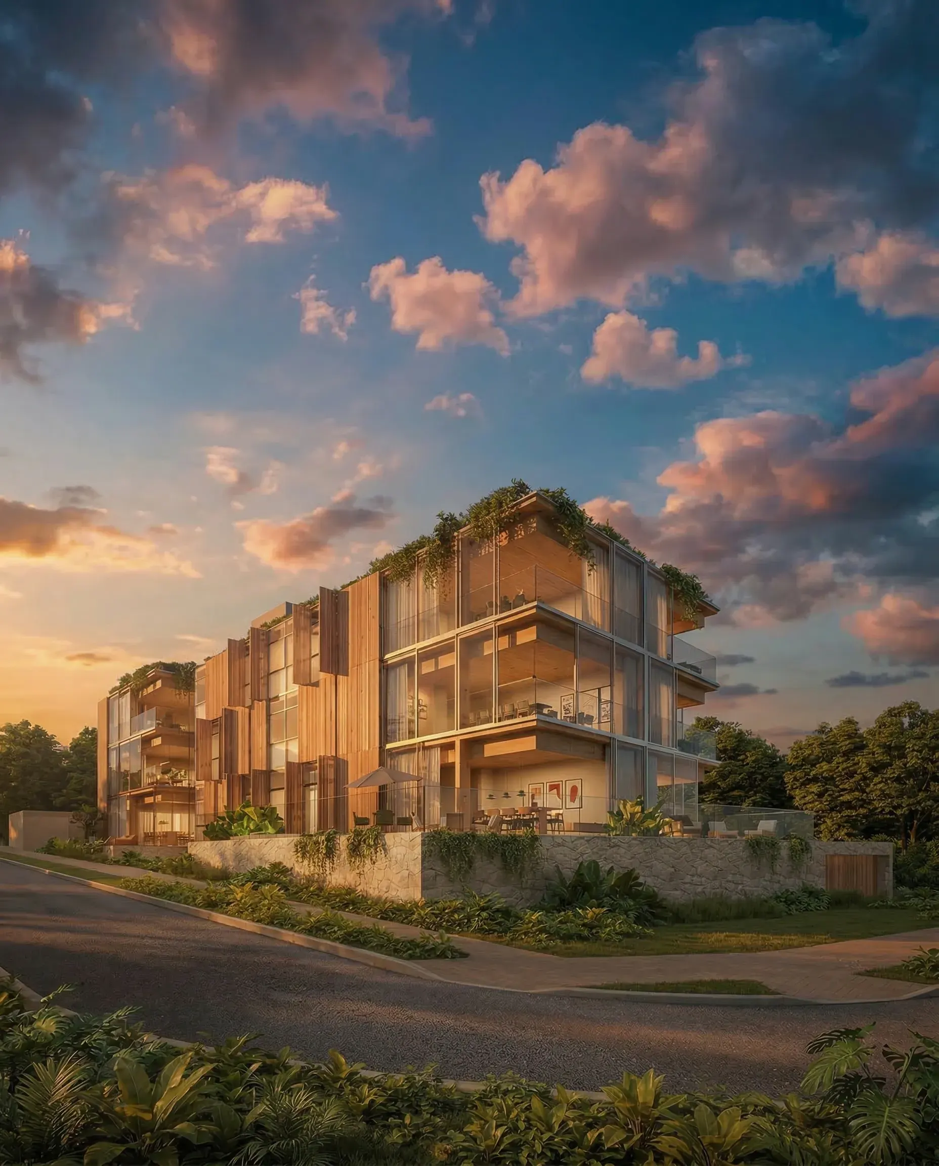 Renderização 3D de residência contemporânea com fachada em madeira e cobertura verde sob céu ao pôr do sol