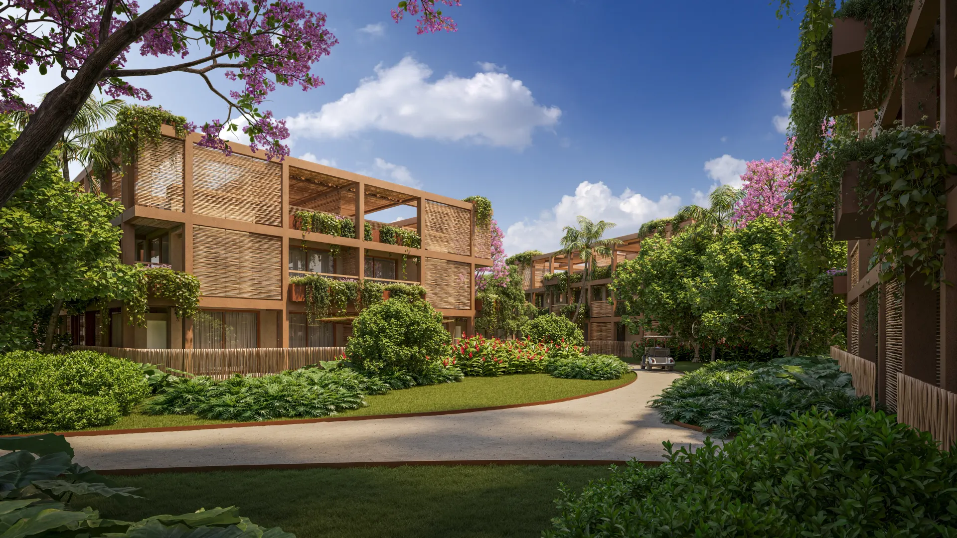 Renderização 3D de área verde de condomínio com jardim florido, caminho pavimentado e edifícios em treliça de madeira