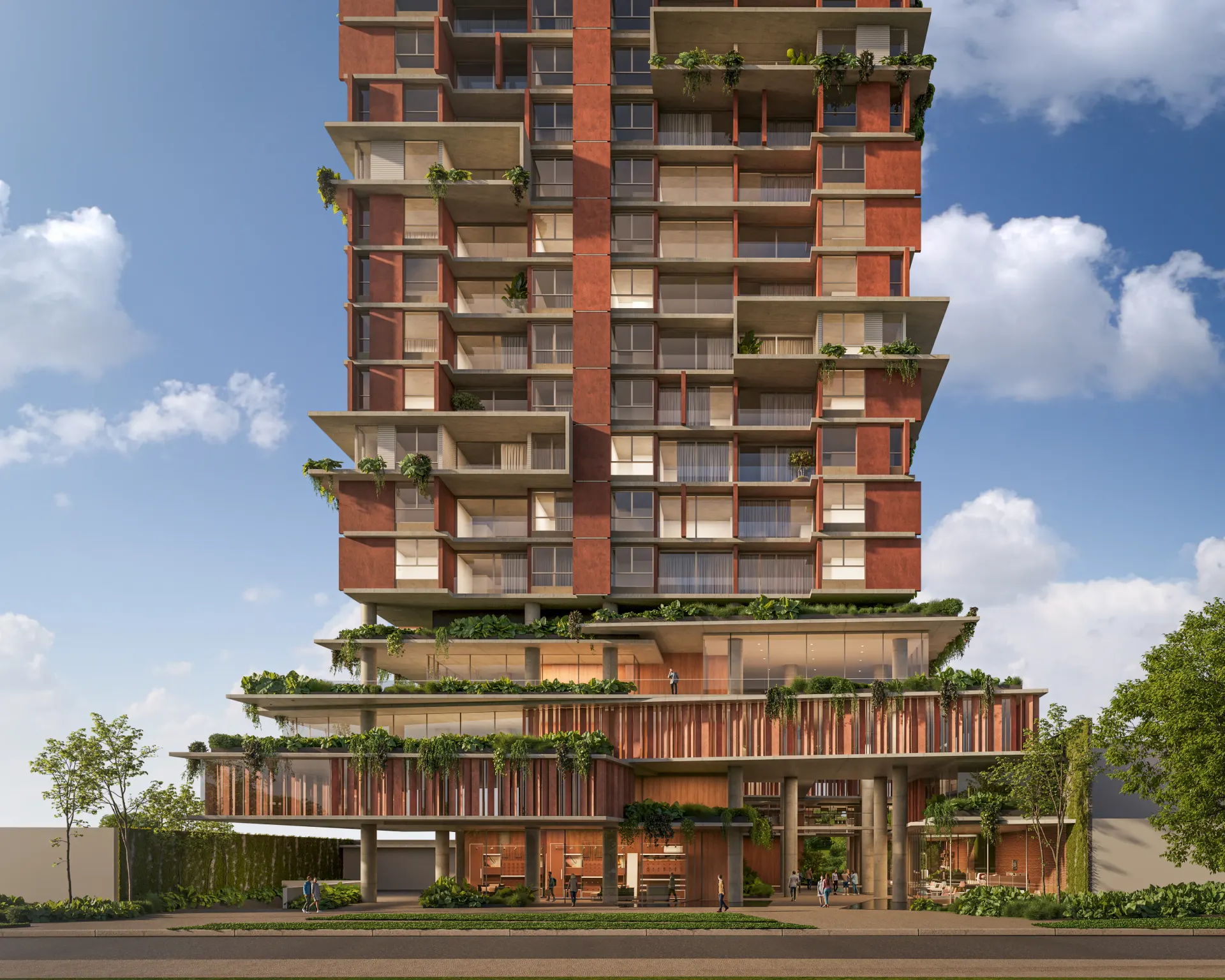 Renderização 3D de torre residencial alta em tijolo com varandas escalonadas e jardineiras