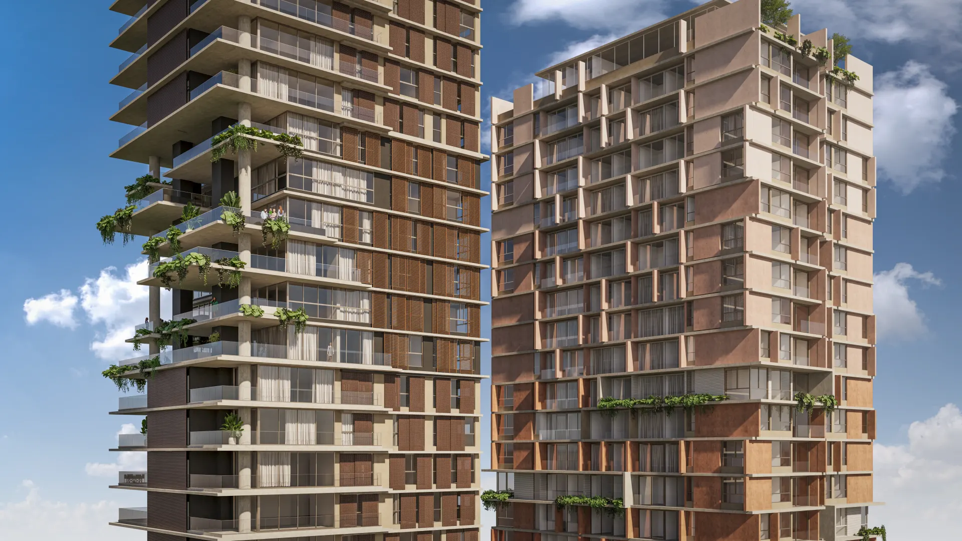 Renderização 3D de duas torres residenciais lado a lado com fachadas em madeira e tijolo