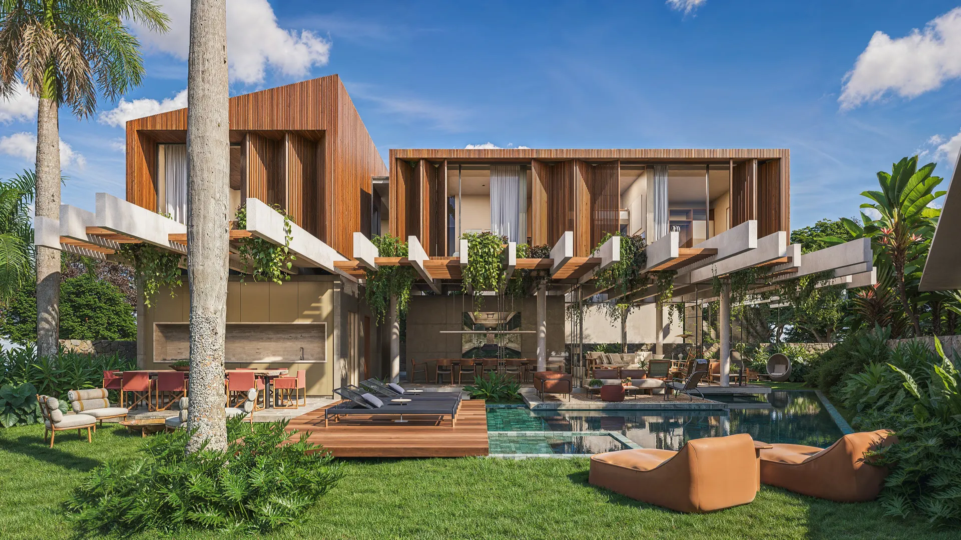 Renderização 3D de casa de alto padrão com fachada em madeira, piscina e área de lazer com palmeiras