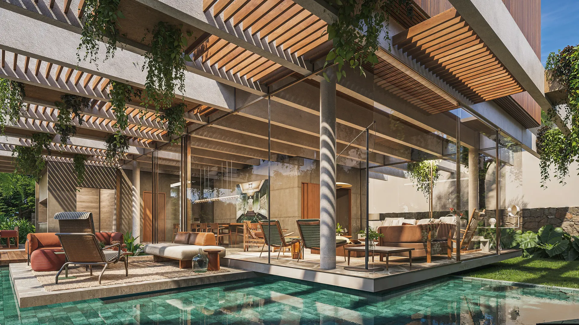 Renderização 3D de varanda gourmet com pergolado de madeira, piscina espelhada e mobiliário de estar externo