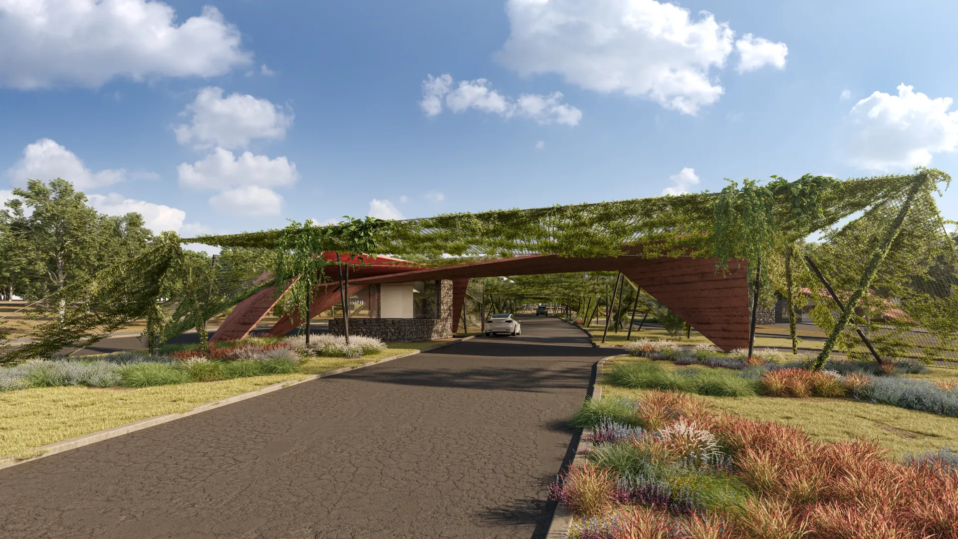 Renderização 3D de área verde com colina ajardinada e edifício de cobertura em terracota ao fundo