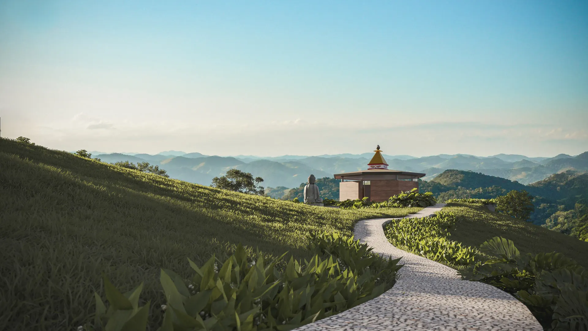 Renderização 3D de templo sobre colina com vista para vale montanhoso e trilha de acesso sinuosa