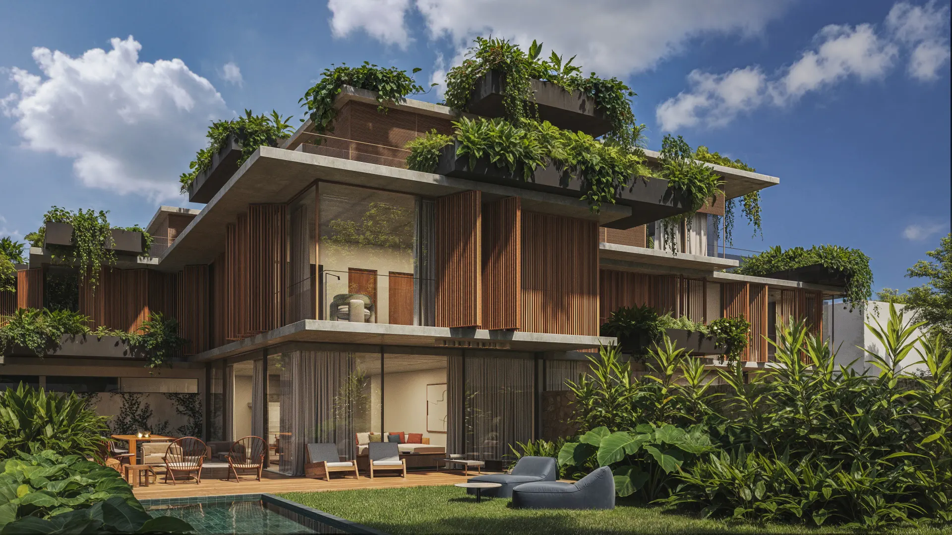 Renderização 3D de residência com telhado-jardim, fachada em madeira e área externa com piscina