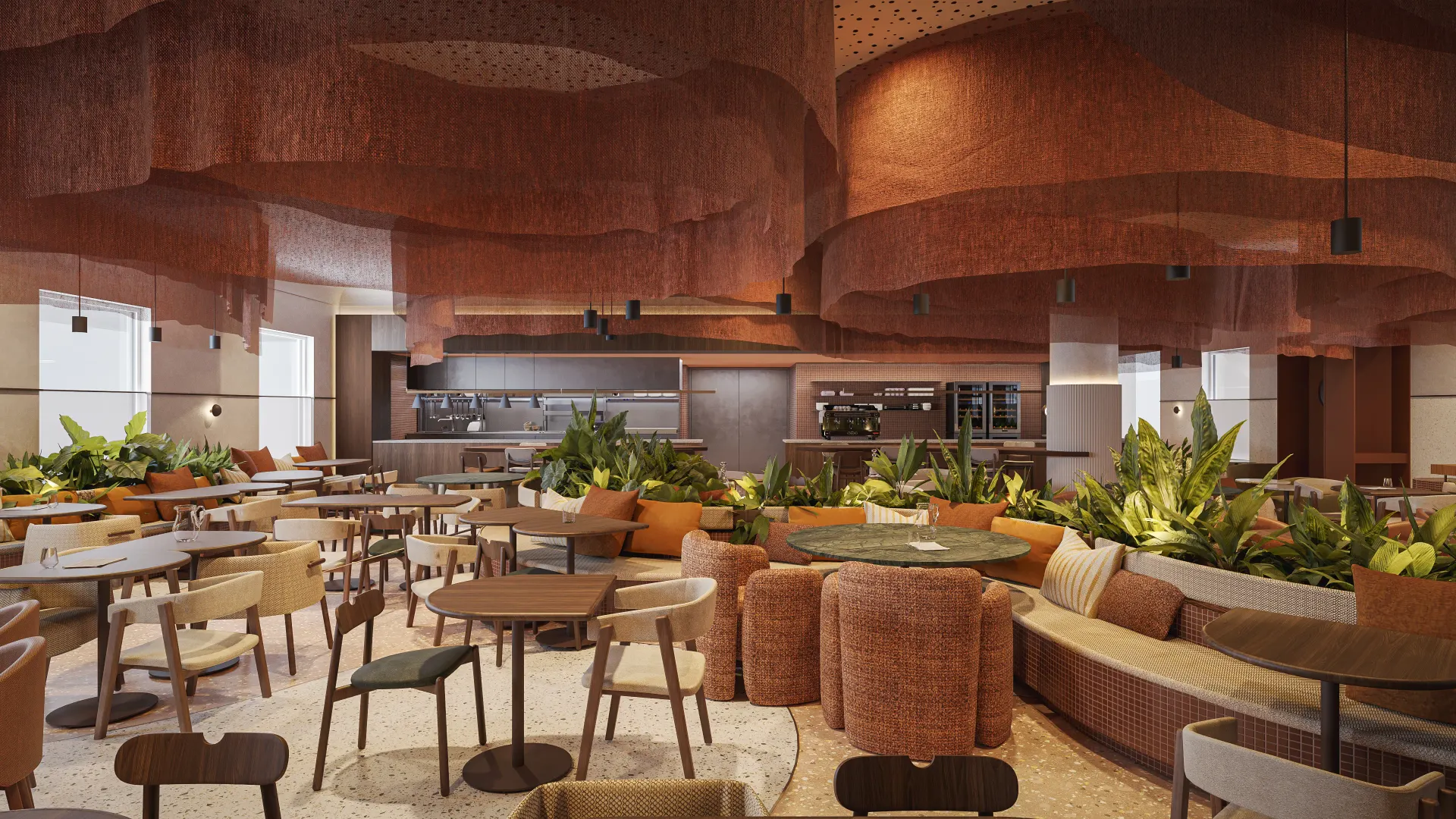 Renderização 3D de restaurante com teto ondulado em madeira, mesas e área de estar