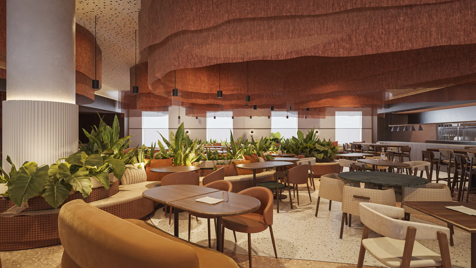 Renderização 3D de restaurante com mesas redondas, poltronas estofadas e plantas decorativas
