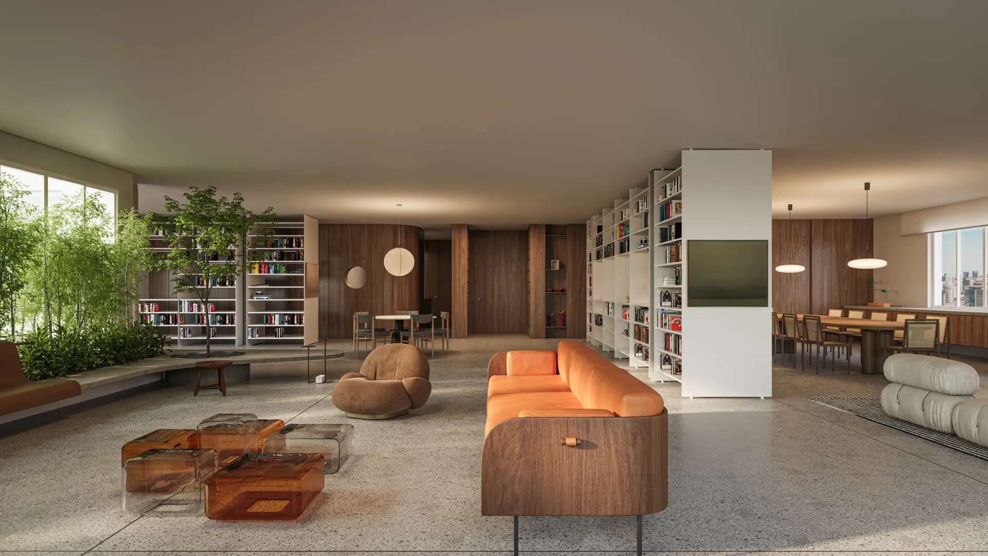 Renderização 3D de sala de estar e jantar integrada com estante de livros, sofá e mobiliário contemporâneo