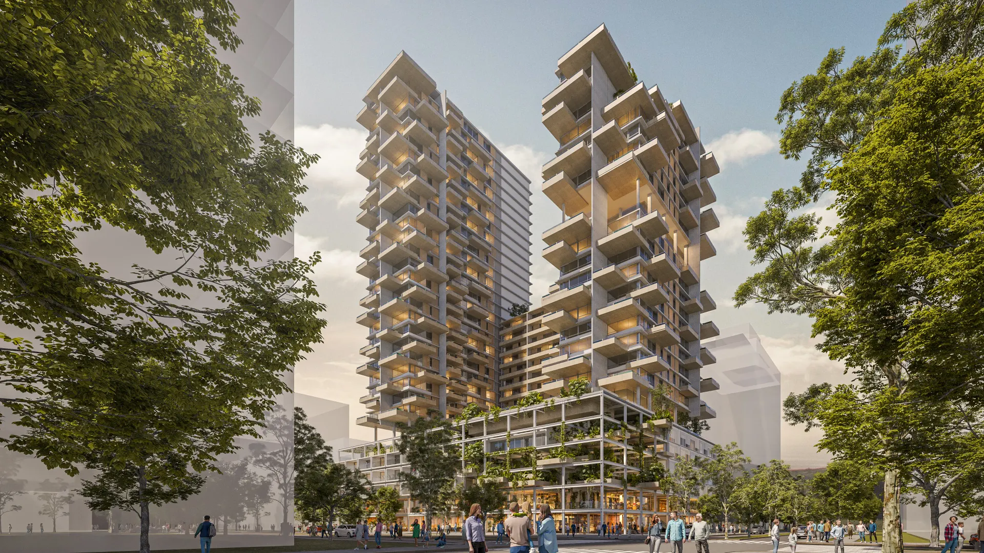 Renderização 3D de torres residenciais com varandas arborizadas vistas entre árvores, área urbana